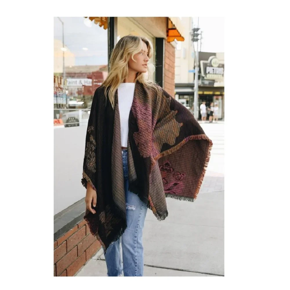 2FOR$30 - NWT Floral Medallion Paisley Blanket Scarf / Ruana / Wrap with Fringe - Picture 2 of 6
